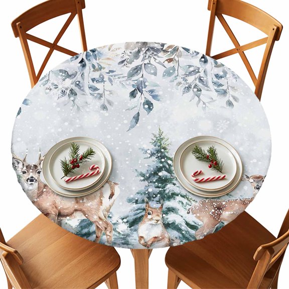 Winter Elk Squirrel Fitted Round Tablecloths Elastic Edged Table Covers 45"-54",Waterproof Table Cloth for Kitchen Holiday Party Tables Decor