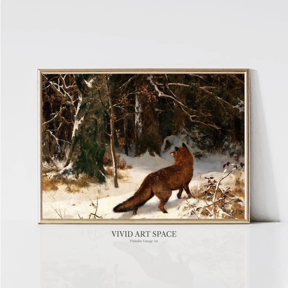 Winter Encounter Fox Print Vintage Art Print Forest Print Snowy Winter Landscape Wall Art
