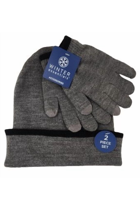 2-Piece  Knit Beanie & Gloves Combo, Gray/Black, Super Warm