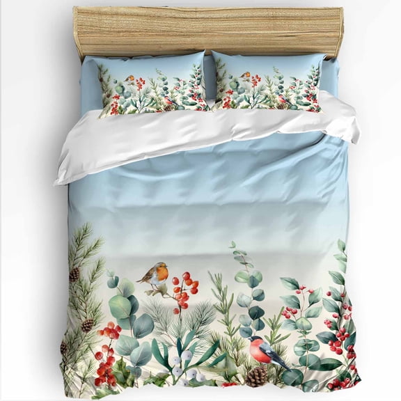 Winter Eucalyptus Leaf Full Size Comforter Set, Christmas Bird Pine Cone Gradient Blue Bedding for All Seasons, 4 Pcs Bed Set with 1Comforter (86"x86") ,1 Sheet(80"x116"), 2 Pillowcases (19"x29")