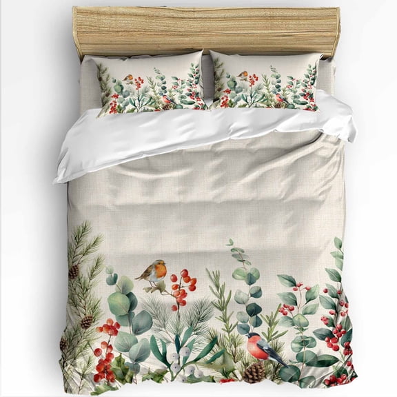 Winter Eucalyptus Leaf Twin Size Comforter Set, Christmas Bird Berry Pine Cone Retro Linen Bedding for All Seasons, 4 Pcs Bed Set with 1 Comforter (68"x86") ,1Sheet(66"x116"), 2 Pillowcases (19"x29")