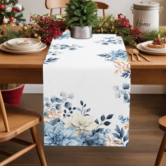 Winter Eucalyptus Leaves Cotton Linen Table Runner Winter Blue Teal Leaves Dining Table Runners for Home Decor Party Dining Room Restaurant Kitchen Party 13" x 90"