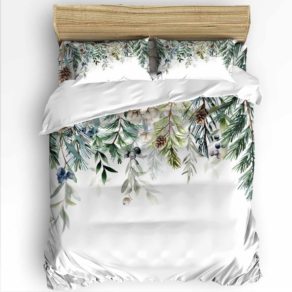 Winter Evergreen Bough King Size Comforter Set, Christmas Pine Cone Cotton Soft Bedding for All Seasons, 4 Pcs Bed Set with 1Comforter (90"x106") ,1 Sheet(94"x116"), 2 Pillowcases (19"x35")