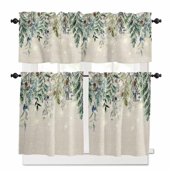 Winter Evergreen Bough Kitchen Curtains and Valances Set, Christmas Pine Cone Cotton Retro Linen Rod Pocket Window Valance Window Curtain Panels for Living Room Bedroom Laundry, 27.5x36in, 3 Pieces