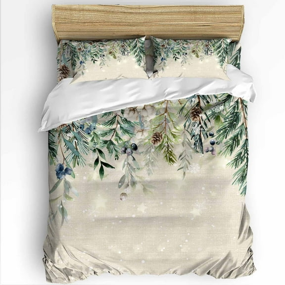Winter Evergreen Bough Twin Size Comforter Set, Christmas Pine Cone Cotton Retro Linen Bedding for All Seasons, 4 Pcs Bed Set with 1 Comforter (68"x86") ,1Sheet(66"x116"), 2 Pillowcases (19"x29")