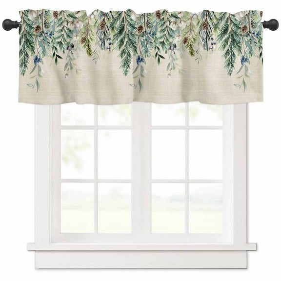 Winter Evergreen Bough Valances for Windows, Christmas Pine Cone Cotton Vintage Linen Light Filtering Window Treatment Valances, Rod Pocket Small Curtains for Kitchen/Bathroom, 56"x16"