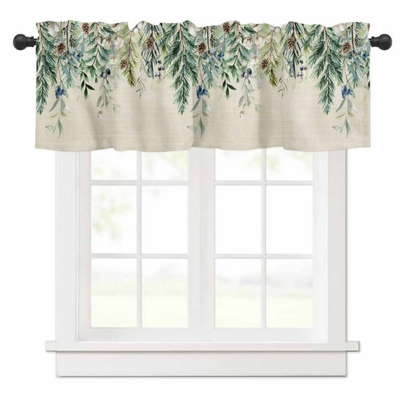 Winter Evergreen Bough Valances for Windows Christmas Pine Cone Cotton Vintage Linen Rod Pocket Curtain Valance Window Treatment Short Curtains for Kitchen Living Room, 42"x12"