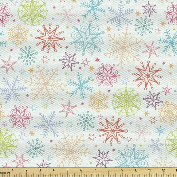 Ambesonne Winter Fabric by the Yard Upholstery, Colorful Doodle Snow, 1 Yard, Multicolor