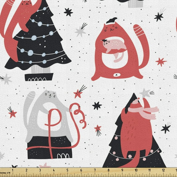 Ambesonne Winter Fabric by the Yard Upholstery, Cats Preparing at Christmas, 10 Yards, White and Coral