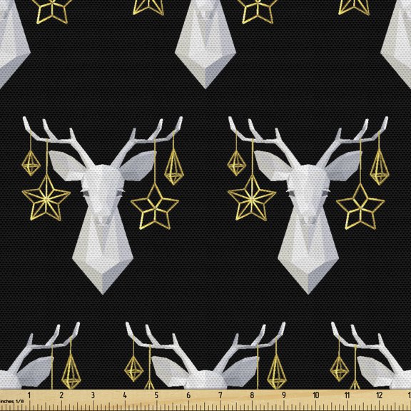 Ambesonne Winter Fabric by the Yard Upholstery, Xmas Ornamental Deer Heads, 3 Yards, Black Pale Grey Fawn