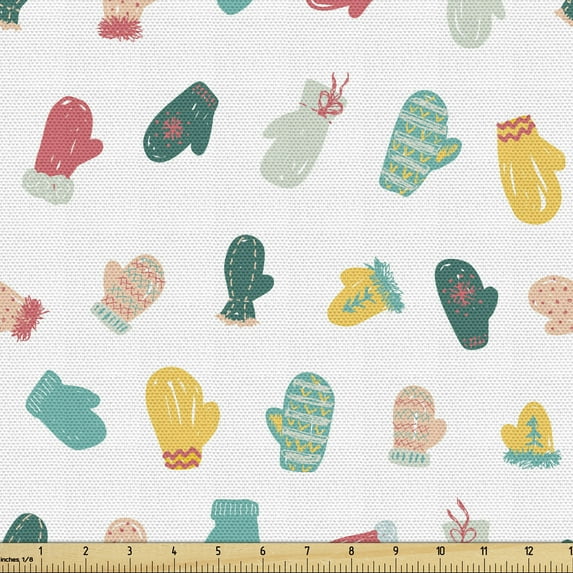 Winter Fabric by the Yard, Illustration of Doodle Style Colorful Mittens Holiday Season Christmas Vibes, Upholstery Fabric for Dining Chairs Home Decor Accents, Mustard Multicolor by Ambesonne