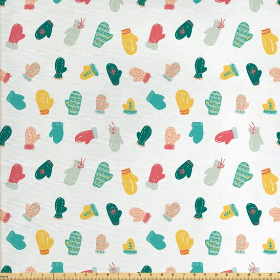 Winter Fabric by the Yard, Illustration of Doodle Style Colorful Mittens Holiday Season Christmas Vibes, Upholstery Fabric for Dining Chairs Home Decor Accents, Mustard Multicolor by Ambesonne
