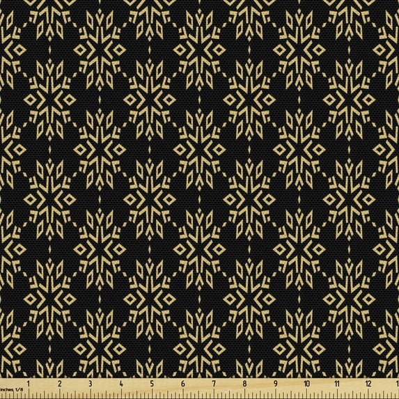 Ambesonne Winter Fabric by the Yard Upholstery, Geometrical Snowflake Forms, 2 Yards, Black and Pastel Yellow