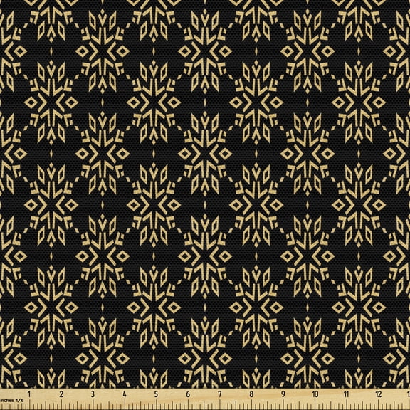Ambesonne Winter Fabric by the Yard Upholstery, Geometrical Snowflake Forms, 2 Yards, Black and Pastel Yellow
