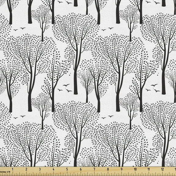 Ambesonne Winter Fabric by the Yard Upholstery, Abstract Forest Birds, 10 Yards, Black White