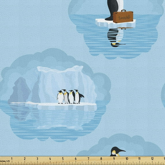 Ambesonne Winter Fabric by the Yard Upholstery, Penguins and Snow Glaciers, 2 Yards, Sky Blue Dark Grey