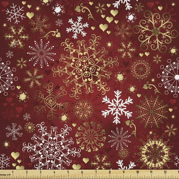Ambesonne Winter Fabric by the Yard Upholstery, Vintage Xmas, 3 Yards, Vermilion Yellow White