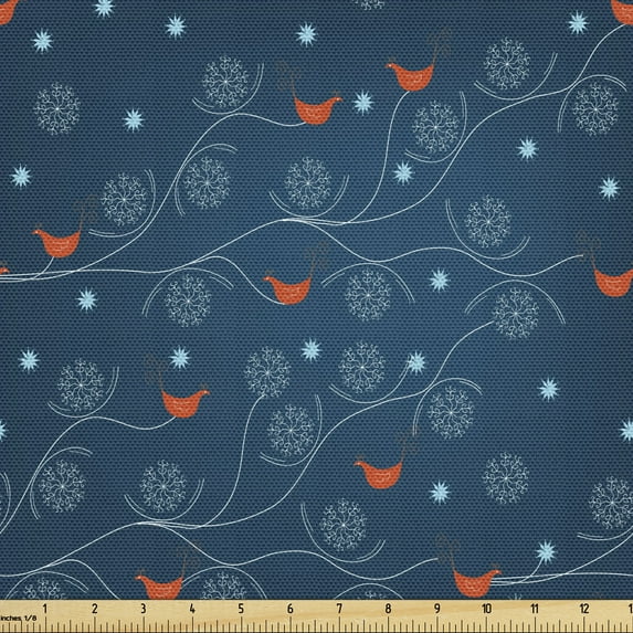 Ambesonne Winter Fabric by the Yard Upholstery, Tiny Birds on Tree Branches, 5 Yards, Petrol Blue Orange White