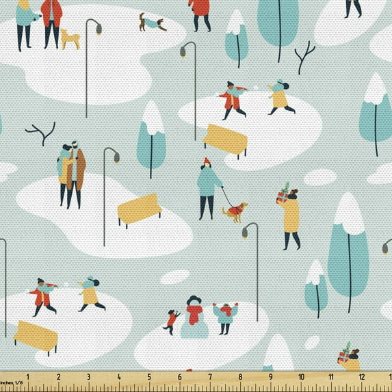 Ambesonne Winter Fabric by the Yard Upholstery, Christmas People Outside, 3 Yards, Seafoam Multicolor