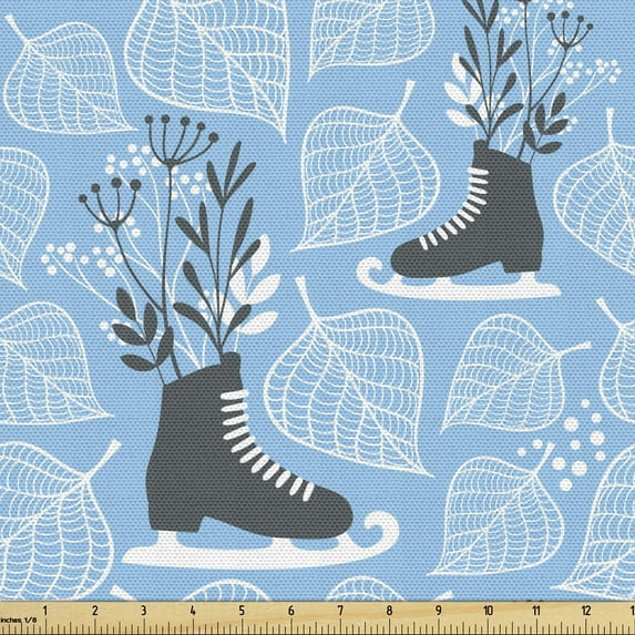 Ambesonne Winter Fabric by the Yard Upholstery, Ice Skate Winter Holiday, 5 Yards, Grey Deep Sky Blue