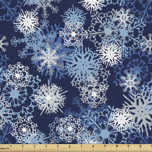 Ambesonne Winter Fabric by the Yard Upholstery, Ornate Snowflakes Xmas, 2 Yards, Pale Blue Dark Blue