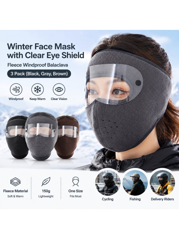 Winter Face Mask with Clear Eye Shield, Fleece Windproof Balaclava for Cycling, Fishing, Delivery Riders, Cold Weather Face Cover, 3 Pack (Black, Gray, Brown), One Size