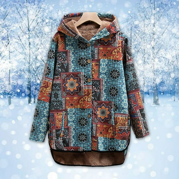 Winter Fall !Homenesgenics Womens Tops under $5 Women's Cotton Linen Printing Hoodies Fall Winter Fleece Jacket Casual Hooded Sweatshirts Thick Lined Coats
