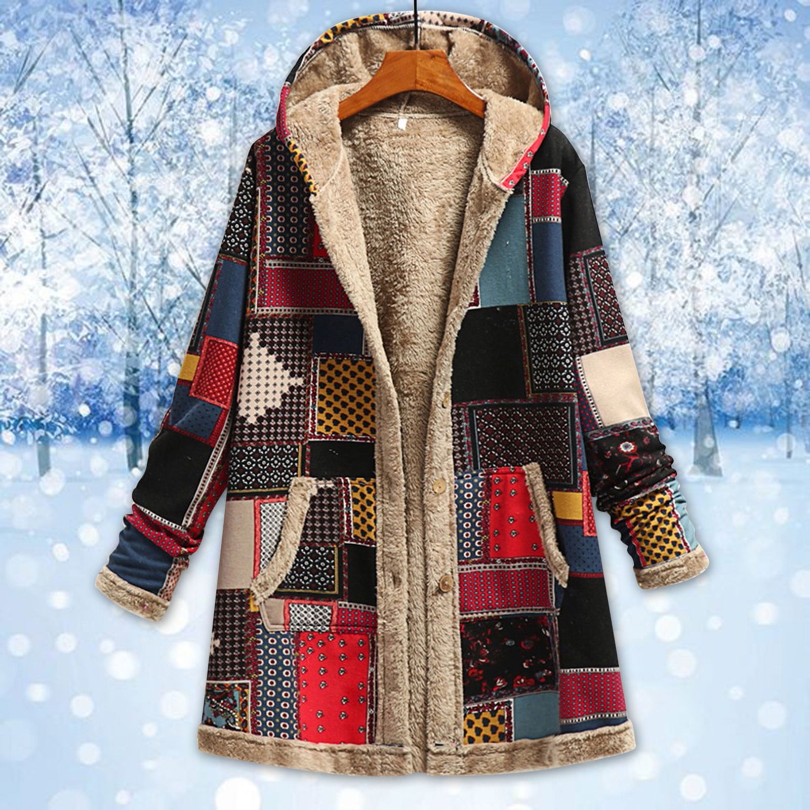 Winter Fall !Homenesgenics Womens Tops under $5 Women's Cotton Linen Printing Hoodies Fall Winter Fleece Jacket Casual Hooded Sweatshirts Thick Lined Red XXXL