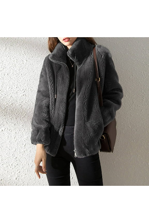 Homenesgenics Womens Tops under $5 Women's Fleece Warm Plush Thick Sting Collar Warm Cardigan Zipper Fleece Tops Sweater Jacket Gray XXXXXL