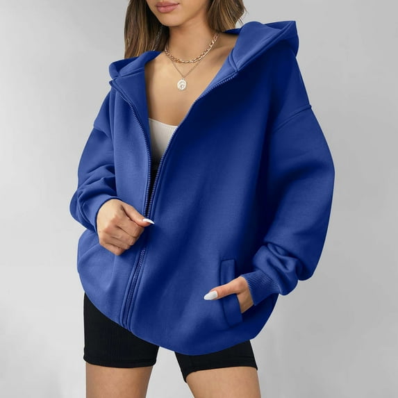 Winter Fall !Homenesgenics Womens Tops under $5 Fleece Warm Women Casual Hooded Slim Zipper Fleece Sweater Coat Blue L