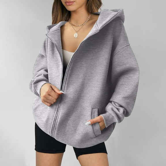 Winter Fall !Homenesgenics Womens Tops under $5 Fleece Warm Women Casual Hooded Slim Zipper Fleece Sweater Coat Gray S
