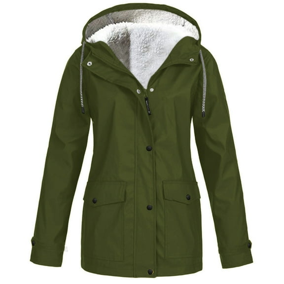 Homenesgenics Womens Tops under $5 Women Plus Velvet Solid Jackets Outdoor Hooded Raincoat Windproof Green S
