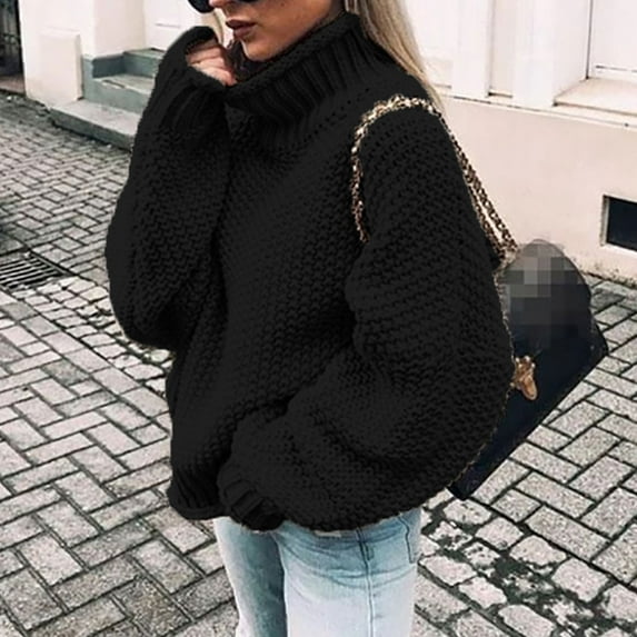 Winter Fall Clearance!Homenesgenics Womens Tops Clearance under $5 Women's Casual Solid Tops Knitting Long Sleeves Pullover Sweater Black XXXL