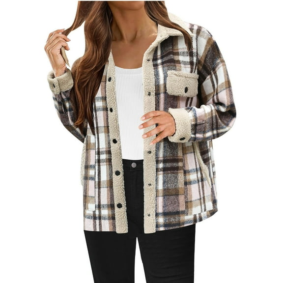 Winter Fall !Homenesgenics Womens Tops under $5 Womens Fleece Warm Flannel Plaid Shirts Pockets Long Sleeve Tops Outwear Coat