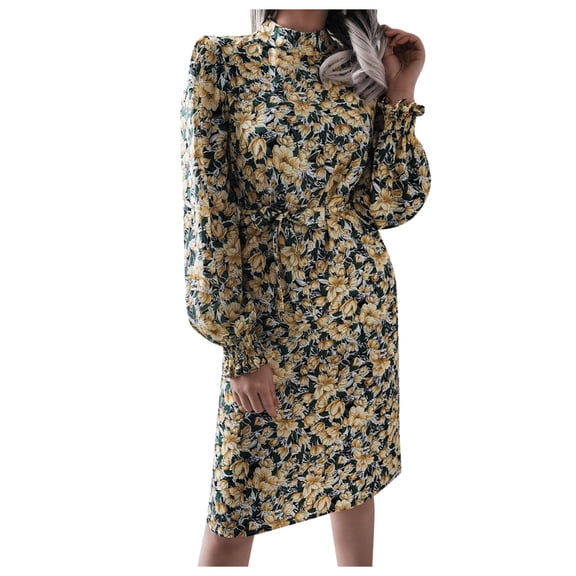 Winter Fall Dresses for Women Long Sleeve Casual Dress Printed Loose Flared Sleeve Girdle Dress