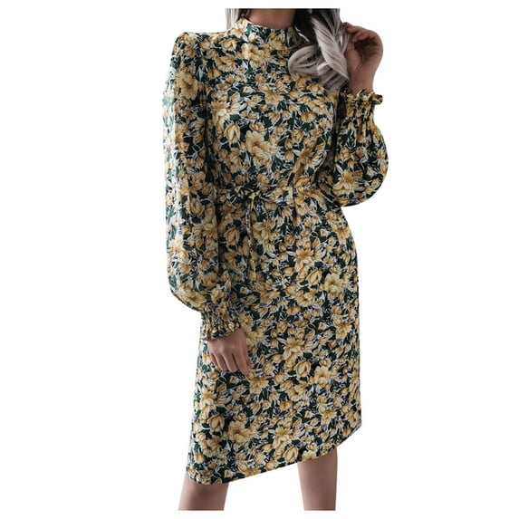 Winter Fall Dresses for Women Long Sleeve Casual Dress Printed Loose Flared Sleeve Girdle Dress