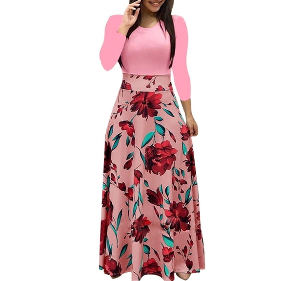 Winter Fall Dresses for Women Long Sleeve Fashion Floral Print Long Maxi Dress Ladies Casual Dress