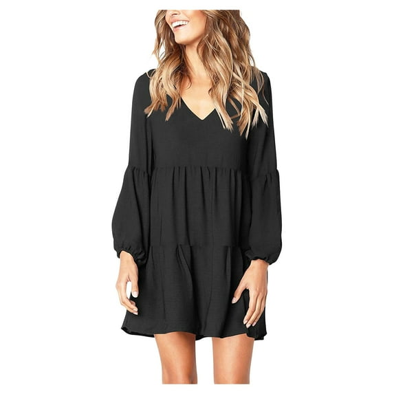 Winter Fall Dresses for Women Long Sleeve Fashion Solid V-Neck Lantern Flowy Swing Shift Loose Dress