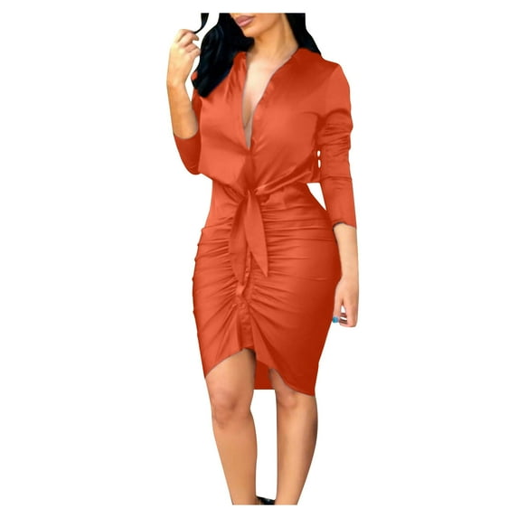 Winter Fall Dresses for Women Long Sleeve Fashion V-neck Solid Color Lace-up Casual Dress