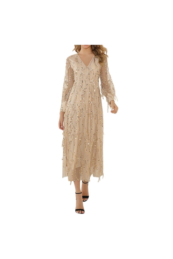 Winter Fall Dresses for Women Long Sleeve Formal Wedding Bridesmaid High-waist Party Ball Prom Gown Dress