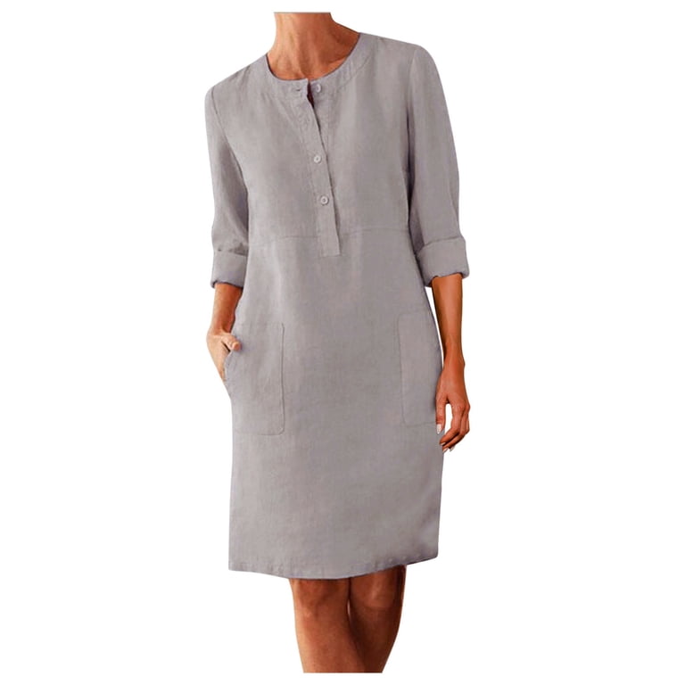 Winter Fall Dresses for Women Wedding Guest 3/4 Sleeve Round Neck  Knee-Length Linen Dress Boho Casual Loose Dress With Buttons - Walmart.com