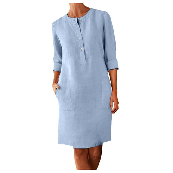 Winter Fall Dresses for Women Wedding Guest 3/4 Sleeve Round Neck Knee-Length Linen Dress Boho Casual Loose Dress With Buttons