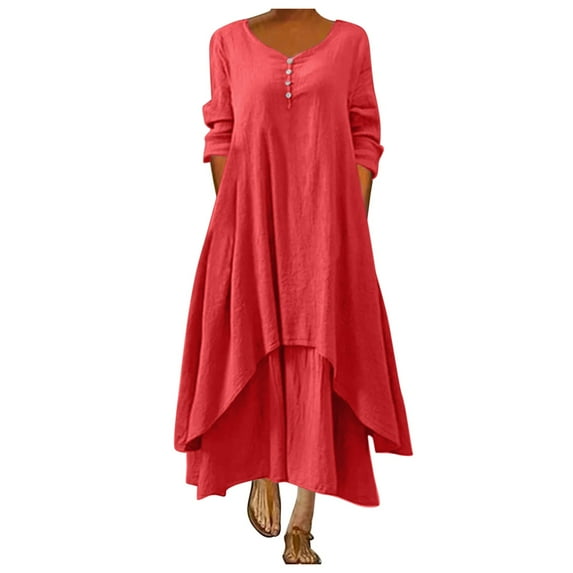 Winter Fall Dresses for Women Wedding Guest Long Sleeve Casual Solid Dress O-Neck Irregular Loose Long Dress