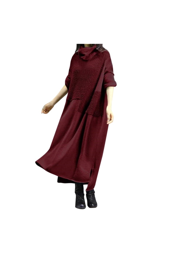 Winter Fall Dresses for Women Wedding Guest Long Sleeve Casual Solid Dress Round Neck Big Swing Splice Maxi Dress