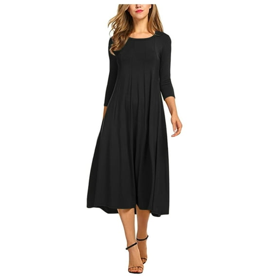 Winter Fall Dresses for Women Wedding Guest Long Sleeve Casual Solid Dress Round Neck Mid-Calf Swing Dress