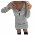 thumbnail image 1 of Winter Fall Dresses for Women Wedding Guest Long Sleeve Casual Solid Knit Dress Zipper V-neck Mini Slim Pullover Dress, 1 of 4