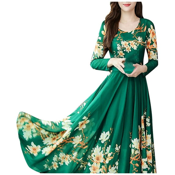 Winter Fall Dresses for Women Wedding Guest Long Sleeve Fashion O-Neck Long Dress Ladies Floral Print A-line Dress