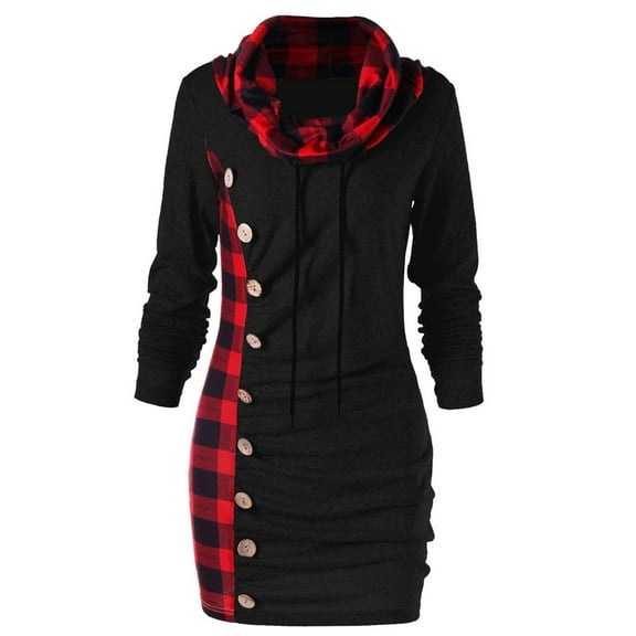 Winter Fall Dresses for Women Wedding Guest Long Sleeve Fashion Plaid Scarf Collar Buttons Decoration Patchwork Casual Dress