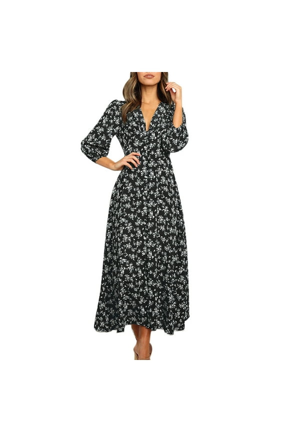 Winter Fall Dresses for Women Wedding Guest Long Sleeve Fashion V-Neck Three Quarter Sleeve Floral Print Open Fork Hem Long Dress