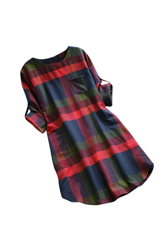 Winter Fall Dresses for Women Wedding Guest Long Sleeve Ladies Plaid Loose Pocket Swing Vintage Dress